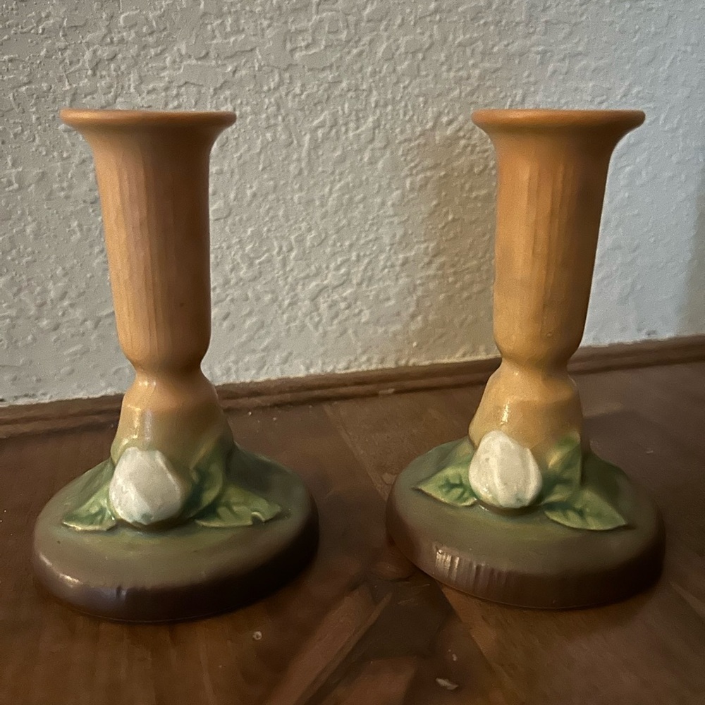 Pair-Roseville Gardenia Candlestick Holders.